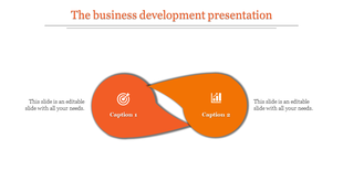 Two connected orange teardrop elements with icons for business goals and growth analytics, symbolizing collaboration.