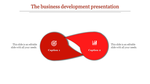 Two overlapping teardrop shapes in dark and light red with icons and captions on a clean white background.