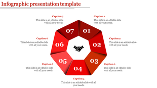 Infographic slide with a circular layout containing seven sections, each labeled with numbers and business related icons.