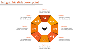 Infographic PowerPoint slide with eight orange segments forming a circular layout, featuring a handshake icon in the center.