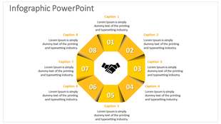 Eight sided infographic in yellow with numbers 01 to 08, arranged around a central handshake symbol on a white background.