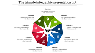 Infographic PowerPoint template with nine triangles arranged in a circular layout, each labeled with a caption and icon.