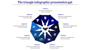 Blue circular infographic with nine triangular sections, each containing icons and captions arranged around a handshake icon.
