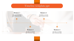 Orange themed timeline PowerPoint template featuring four business milestones connected to a horizontal timeline.