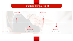Minimalistic timeline design with red nodes and labels for four business stages, placed on a handshake background.