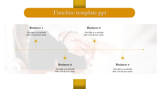 Gold themed timeline PPT slide with four milestones labeled for different business stages, connected to a horizontal line.
