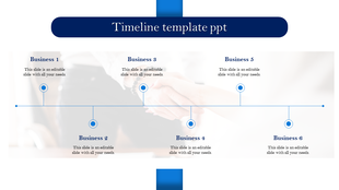 Blue themed timeline slide featuring six business steps, marked by dots and descriptions along a horizontal line.