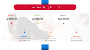 Horizontal timeline with six labeled points for businesses, using red, blue, green, yellow, purple, and orange accents.