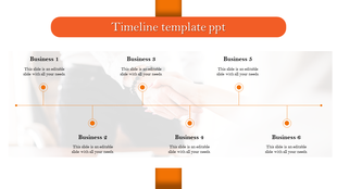 Horizontal orange timeline with six milestones labeled Business 1 to Business 6, each marked with circular icons and captions.