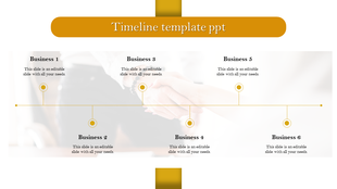 Timeline PowerPoint template with six business milestones, a golden color scheme, and a handshake background.