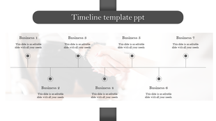 Gray themed timeline PPT slide with seven milestones labeled for different business events, connected to a horizontal line.