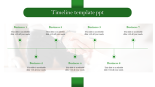Green themed timeline template with seven milestones, labeled 1 to 7, connected by a horizontal line.