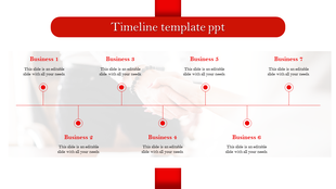 Horizontal timeline slide featuring seven red circular nodes, each with a label and descriptive caption for business phases.