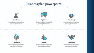 Business plan PowerPoint slide with six sections featuring icons, captions, and descriptions for professional planning.