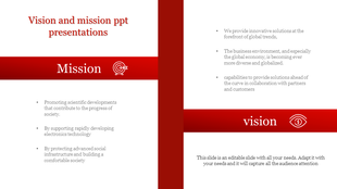Red and white slide layout with mission and vision sections, featuring target and eye icons on the sides.