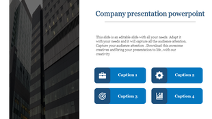 Company presentation slide featuring four blue caption boxes with icons, alongside a modern building background.