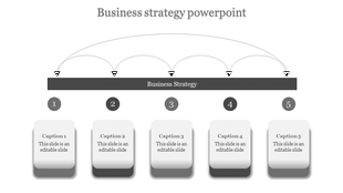 Grayscale-themed business strategy layout with captions numbered 1 to 5 beneath a horizontal bar.