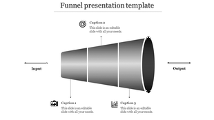 Monochrome funnel graphic divided into three sections with captions, arrows indicating input and output.