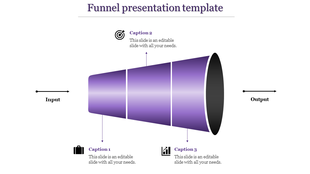 Funnel infographic in purple with three segments, input and output arrows, each with captions and icons.