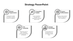 Minimalistic strategy layout with gray accents, presenting five curved panels with titles, icons, and supporting text.