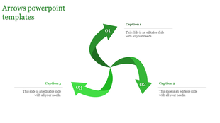 Three green curved arrows forming a circular flow, labeled 01 to 03, pointing to corresponding captions areas.