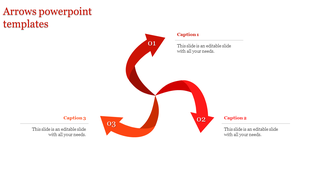 Stylized arrows graphic template designed to depict a process or cycle, featuring bold red arrows with caption areas.