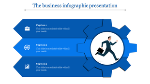 Infographic layout with three blue arrows, gear shape, and a running man in the center carrying a black briefcase.