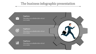 Business infographic in gray with chevron segments for captions, arranged around a gear displaying a running professional figure.