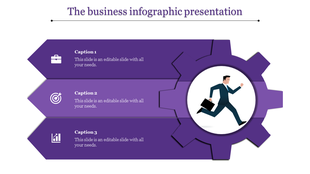 Business infographic PowerPoint slide featuring a running businessman inside a gear with three caption sections.