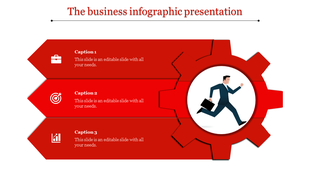 Grayscale business infographic with chevron arrows for captions and a gear featuring a professional figure running.