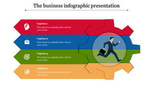 Colorful business infographic with captions, icons, and a running businessman symbolizing progress and goals.