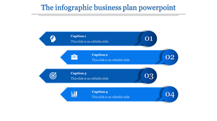 Horizontal infographic with four blue arrow shaped segments, each featuring an icon and numbered from 01 to 04.