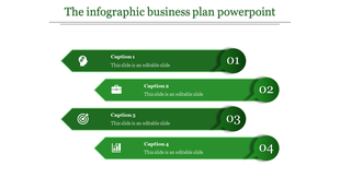 Green themed infographic business plan slide with four numbered steps and icons representing key elements of planning.
