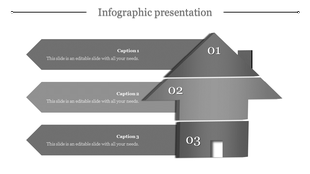 Gray house shaped infographic with three labeled sections for captions with placeholder text.