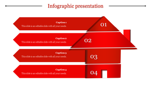 Red infographic with arrows pointing downward and a house shape formed by the arrows, with numbers 01 to 04.
