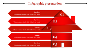 Infographic presentation template is shaped like a red house with five red labeled sections for captions.