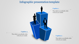 Three blue 3D blocks with silhouettes of business people standing on each, connected to captions on a light background.