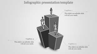 Three tall grayscale 3D blocks with silhouettes of people on top for a multi-level business infographic template.