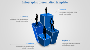 Four blue podium like blocks featuring business figures, connected to corresponding captions by thin lines.