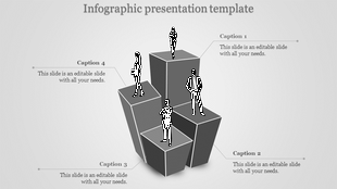 Business infographic showing silhouettes on ascending gray cubes, symbolizing different levels in grey backdrop.