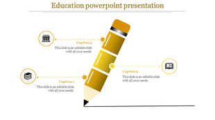 Infographic slide with a large yellow pencil, three labeled sections, and circular icons representing various aspects of education.
