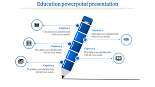 Blue pencil graphic with five labeled captions connected to circular icons in an education themed layout.