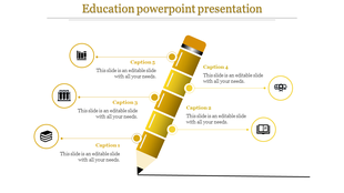 Yellow themed education slide showcasing a pencil and five learning related icons with captions.