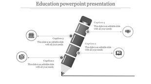 Illustration of a grayscale segmented pencil with four labeled sections, each pointing to an education-related icon