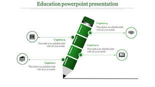Education infographic with a green pencil diagram, divided into four sections, each linked to a circular icon and caption.