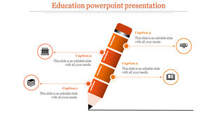 Education PowerPoint slide featuring an orange pencil graphic with four numbered caption areas.