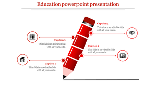 Education PowerPoint slide with a red pencil graphic and four numbered caption areas.