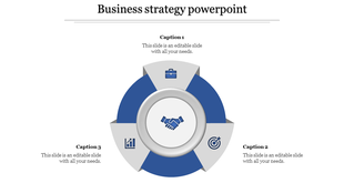 Three-step business strategy chart with icons for goals, performance, and tasks, arranged in a circular design.