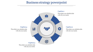 Gray and blue radial diagram with four business themed icons around a handshake symbol in the center.
