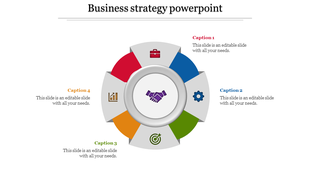 Multicolored circular infographic with red, blue, green, and orange segments and icons surrounding a handshake symbol.